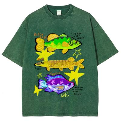 Fashion Women Cotton Washed T-Shirt Fish Vacation Unisex Print Tops Casual Loose Tees Vintage Beach Style Clothes Hip Hop