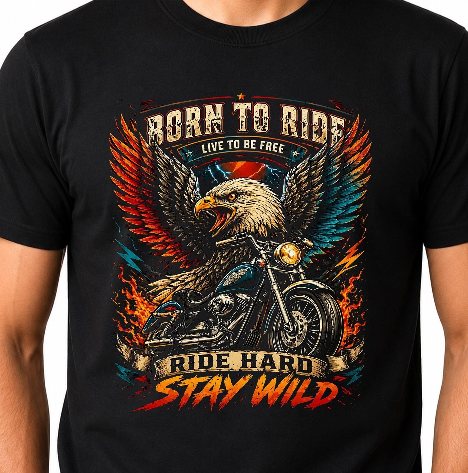 Eagle Biker Born To Ride Graphic Motorcycle Patriotic Chopper Stay Wild Tee. XL