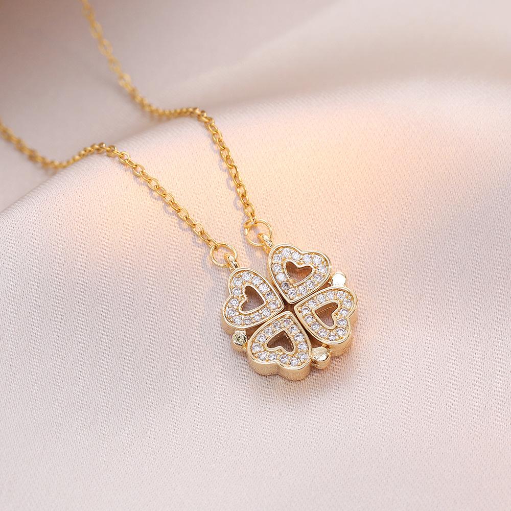 1pc Heart Shaped Four Leaf Clover Pendant Necklace Jewelry Zircon Women Love Clavicle Chain Gifts Openable ChokerJewelry