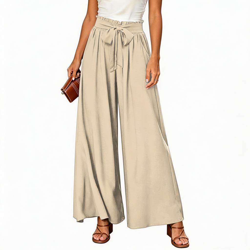 Women's High Waist Wide Leg Pants Bohemian Style Palazzo Trousers with Tie Waist and Pockets Casual Loose Fit Long Pants