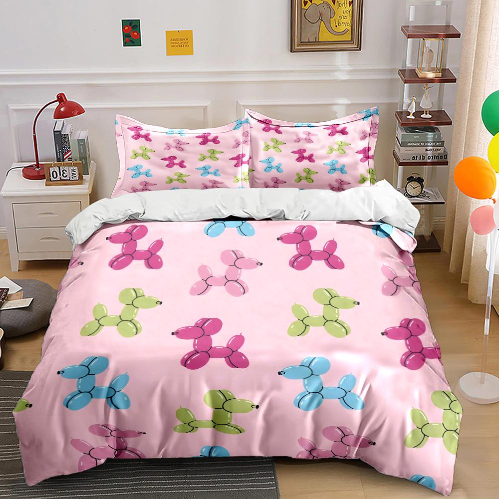 Balloon Dogs Pattern Pink Background Bedding Set For Kids Luxury Gift 3Pcs Digital Print Comforter Set Soft Comfortable