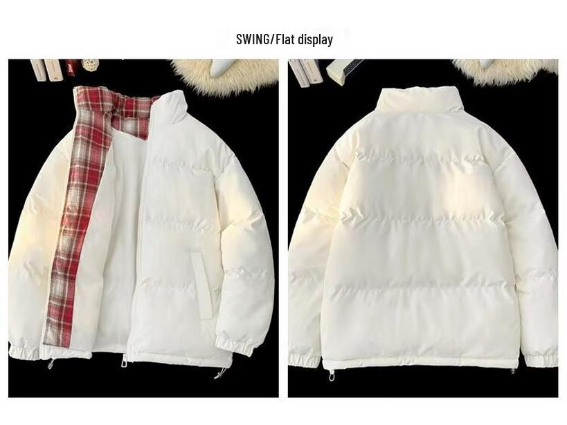 Unisex Black Plaid Patchwork Cotton Jacket – Warm Stand Collar Winter Outerwear