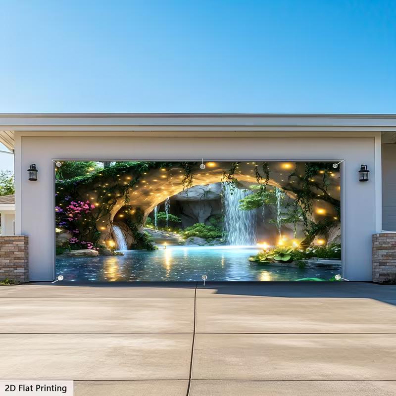 2D Fantasy Cave Waterfall Garage Door Tapestry Enchanted Forest Background Cloth
