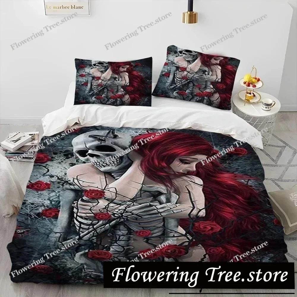 3D Horror Gothic Vrouwelijke Schedel Dood Meisje Dekbedovertrek Beddengoedset, Dekbedovertrek Bedset Quiltovertrek Kussensloop, Queen Size Beddengoedset