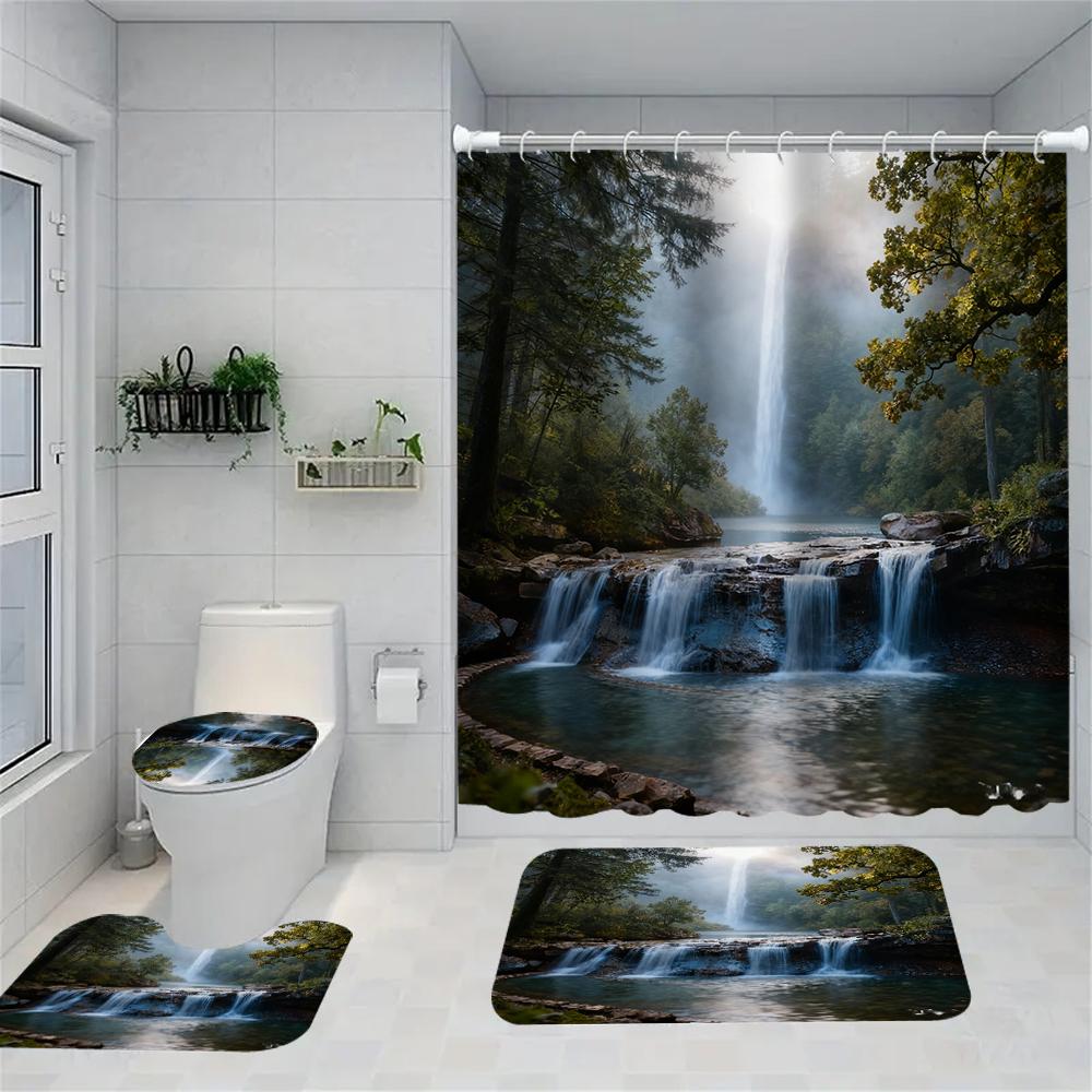1/4 Forest Waterfalls  Print Shower Curtains, Toilet Seat Decoration, Shower Curtain with Carpet and Toilet Lid, 70.8x70.8 Inch