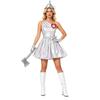 Women Tin Costume One Shoulder Sleeveless Ruched Tulle Lining Metallic Belted Dress with Hat Axe Gloves Heart Clock Brooch for Halloween Cosplay