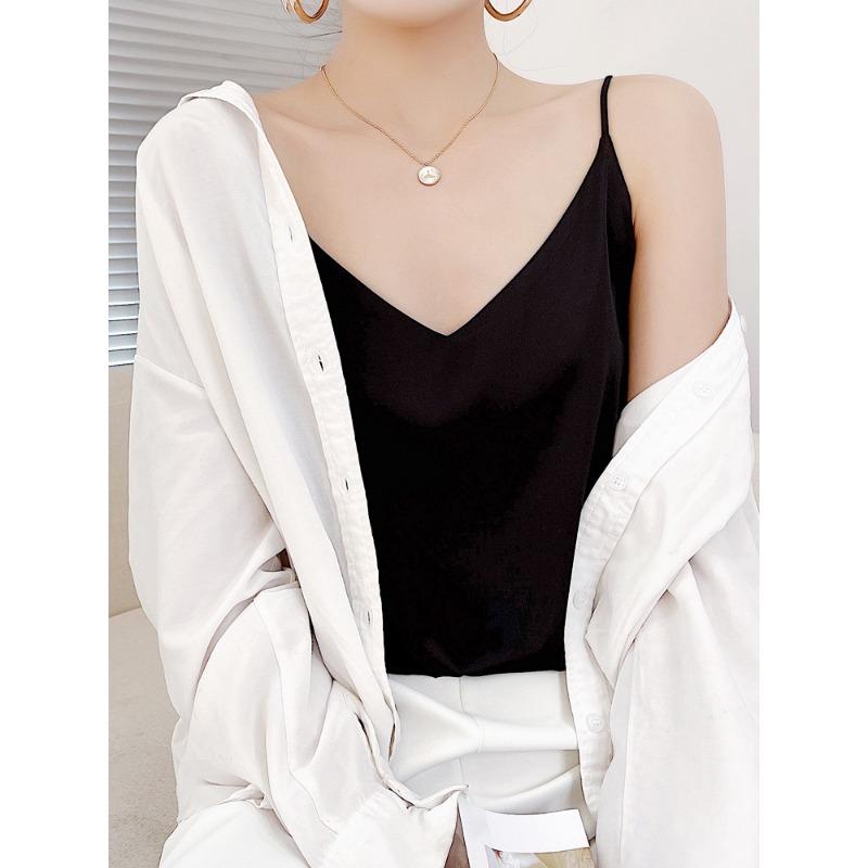 Camisola de seda para mujer, primavera y verano, escote en V ajustado, top interior de temperamento corto