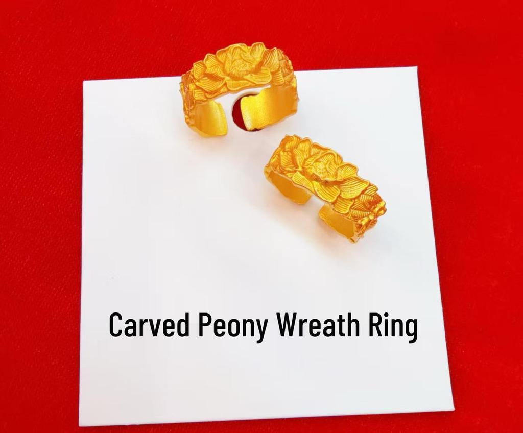 Golden Ancient-Style Peony Carved Open Bangle - Double Happiness Wedding Bracelet