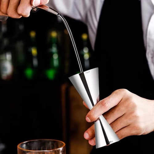 WOMLEX Measuring Cup, 30/45ml Graduated, and 26cm Bar Spoon, Double-Headed, Integrated Stainless Steel Measuring Cup, Silver (26cm Jigger and Bar Spoo