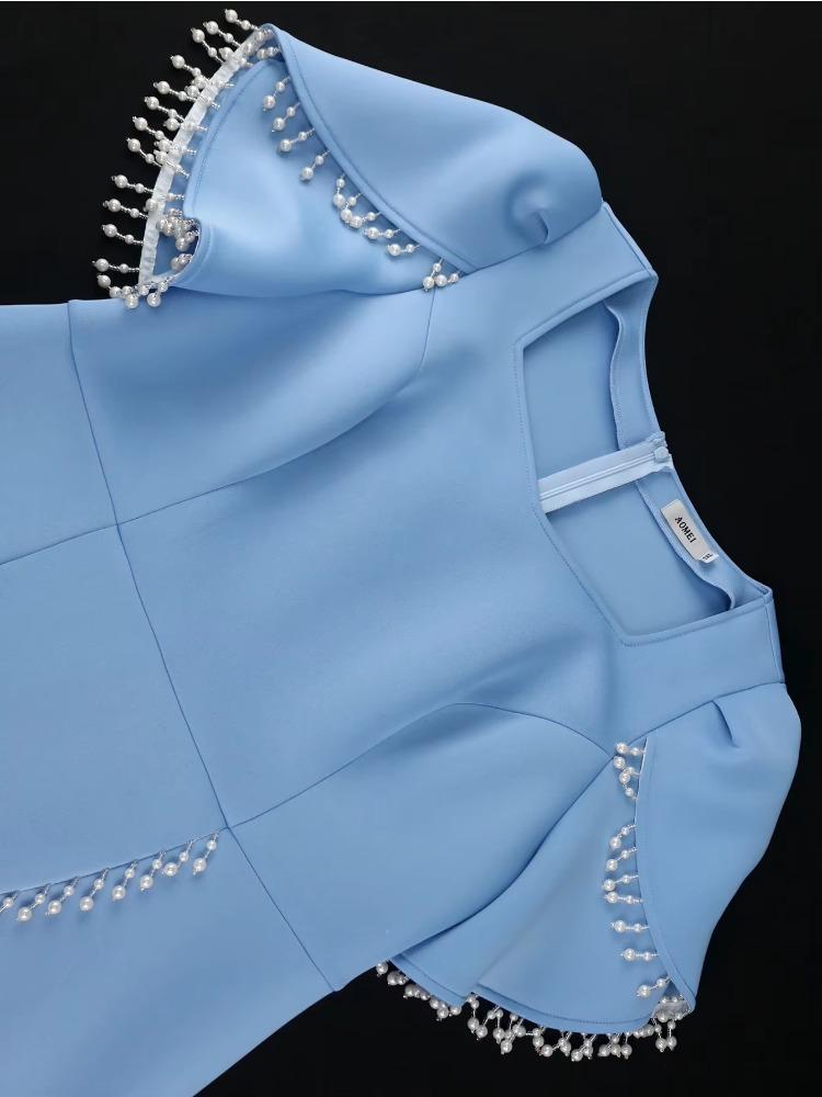 Rochie de seară albastră cu ciucuri, decolteu pătrat, mâneci scurte, patchwork cu mărgele, nuntă, ocazie specială pentru femei, 2025, stil nou de primăvară