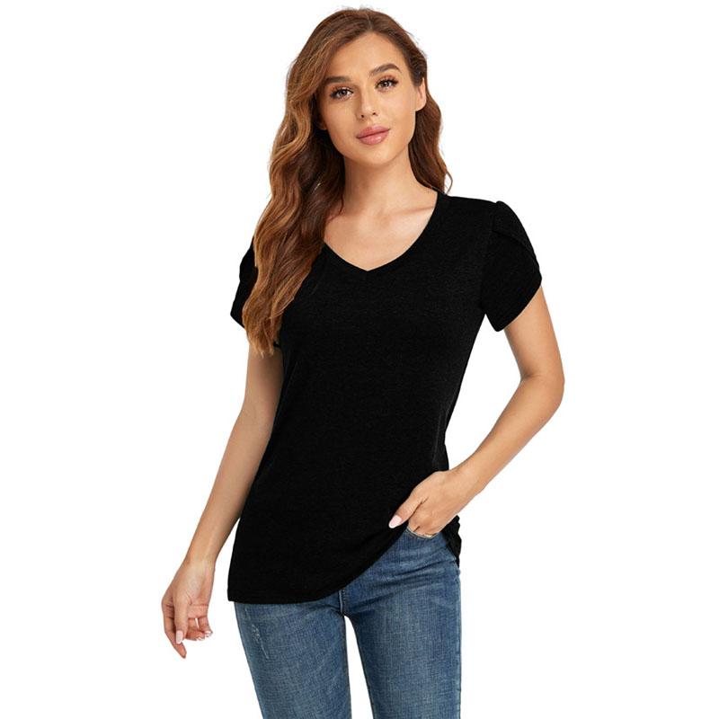 Sommer Damen T-Shirt Einfarbig V-Ausschnitt Kurzarm Locker Lässiges Oberteil