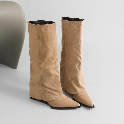 Winter Pointed Toe Women Knee High Boots Concise Slip On Wedges Heel Shoes Street Style Banquet Party Pipe Long Botas Mujer