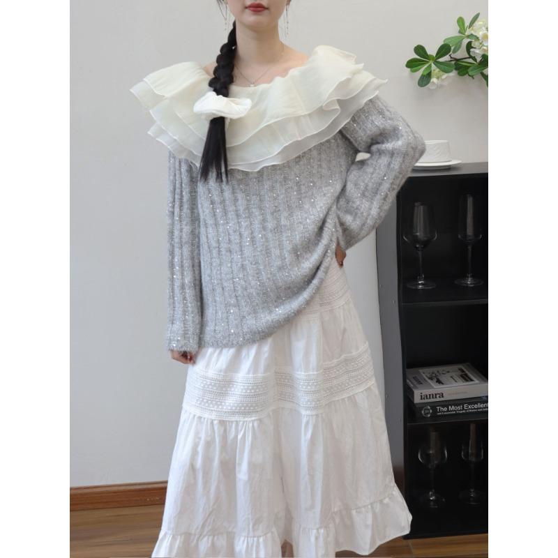 Autumn and winter new models with headrope one-word shoulder ruffle edge knitted sweater top sequined gentle wind sweater pullover woman