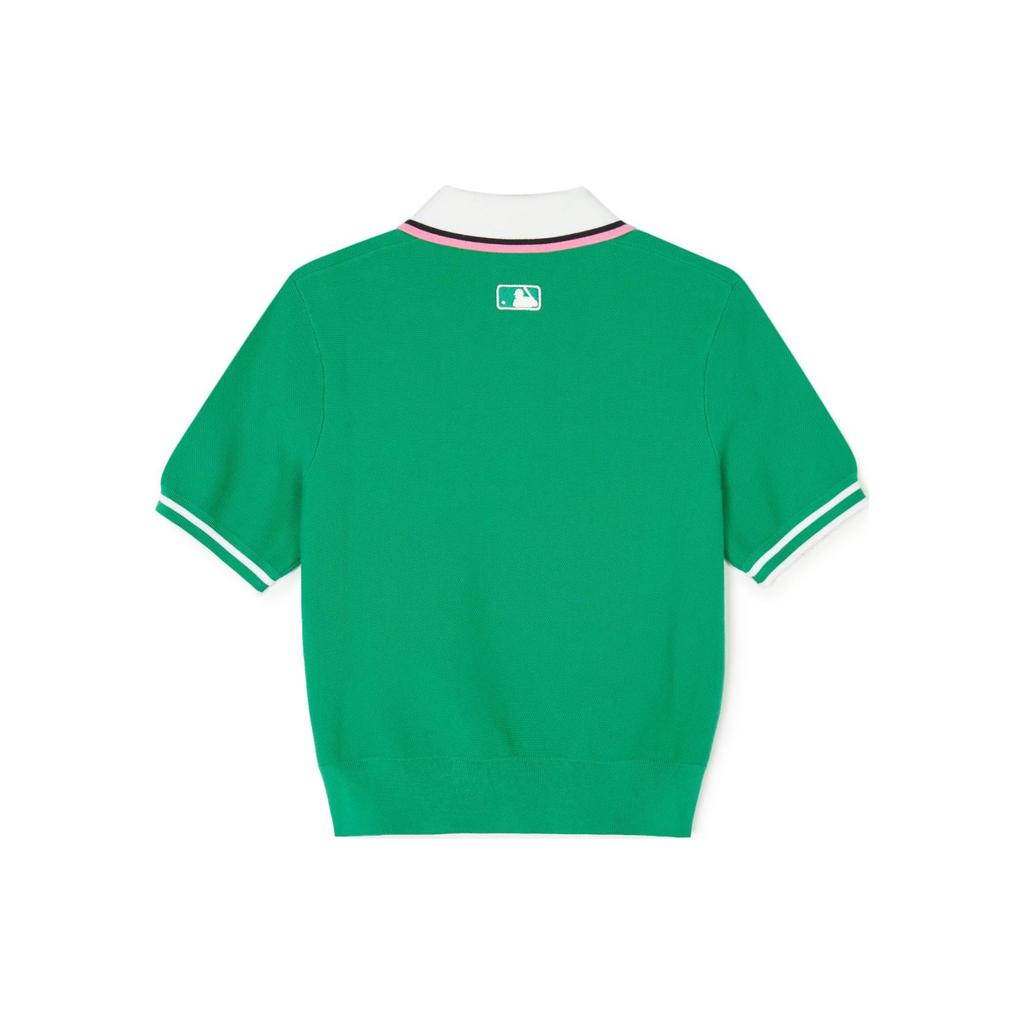 MLB College Style New York Yankees Striped Short Zip Short Sleeve Polo Shirt Women Polo Shirts Green 3FKPV0543-50GNN