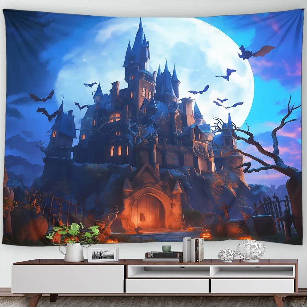 Halloween Decorative Tapestry Pumpkin Lantern Wall Hanging Full Moon Gothic Castle Ghost Bat Tapestry Home Room Decoration