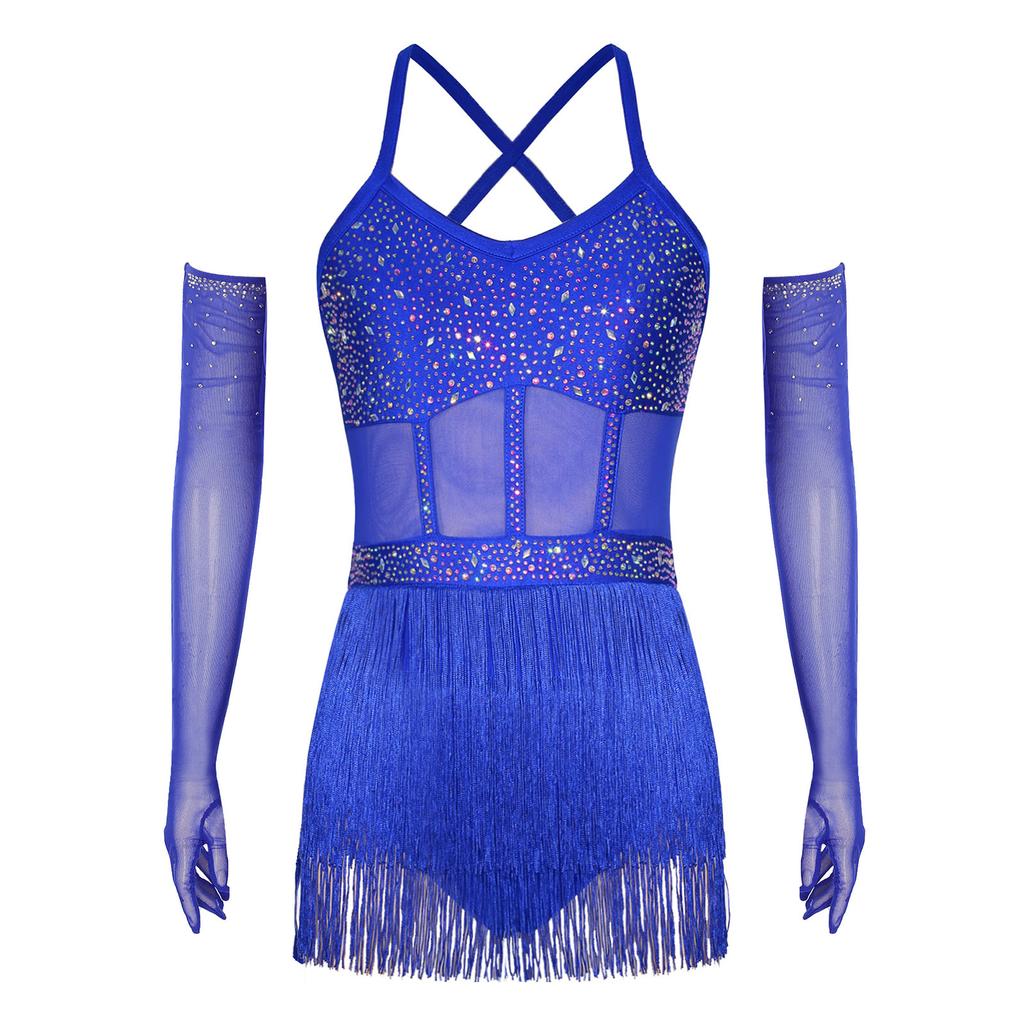 Body Vestido de Malla Transparente Patchwork con Diseño de Borlas en Capas Guantes Largos con Brillo de Pedrería Vestido de Baile Latino para Mujer