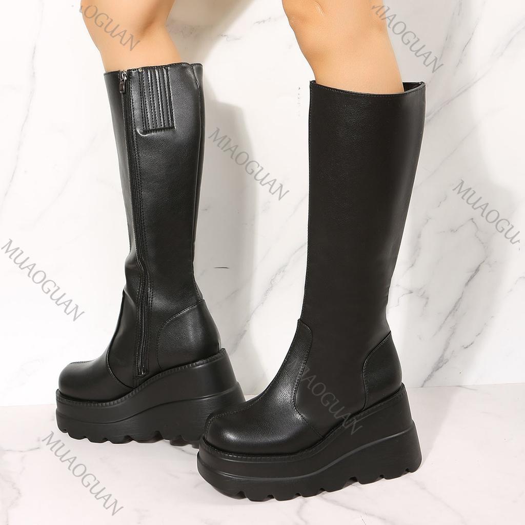 Módní dámské vysoké boty 2025 podzim zima nové silná podrážka punkový styl vysoké kozačky pro ženy černé klínky vysoké podpatky gotické boty