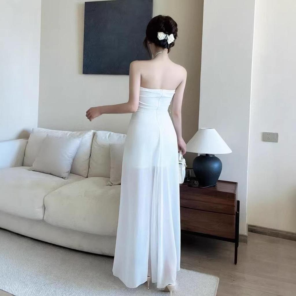 Elegant One-Shoulder Mesh Split Dress - Summer Sleeveless, See-Through, Backless, A-Line Design