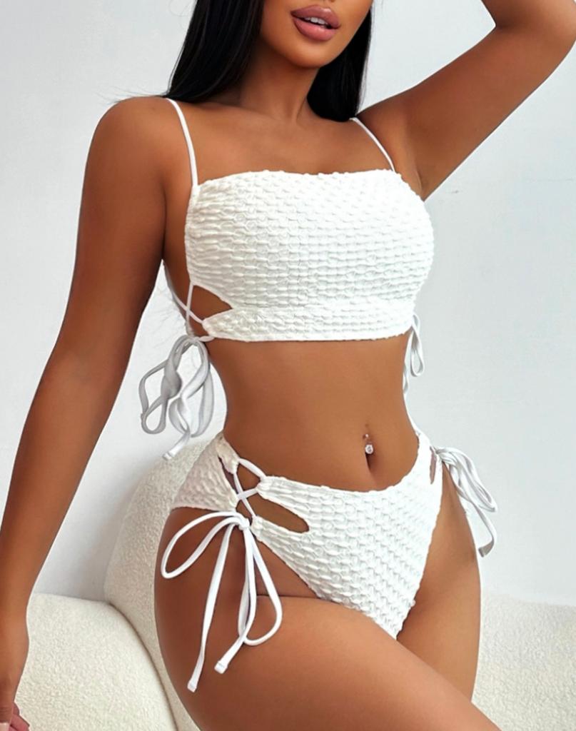 Women's Swimsuit Solid Color Back Tie High Waist Split Swimsuit Bikini Beachwear Bathing Suits