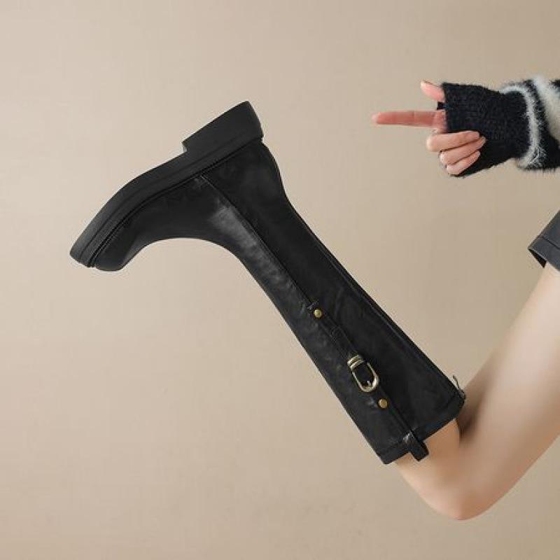 Korean version of the new round-headed high boots, thick-soled large-size women's boots, non-slip medium-heeled leather boots, square and autumn and