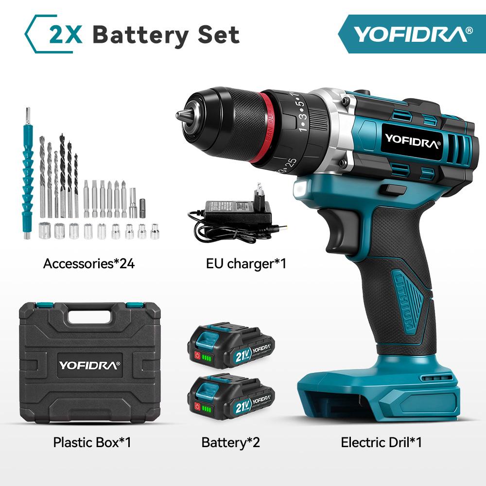 YOFIDRA 3IN1 Electric Impact Drill 25+3 Torque Handheld Cordless Impact Drill Woodworking Power Tool For Makita 21V Battery Pin