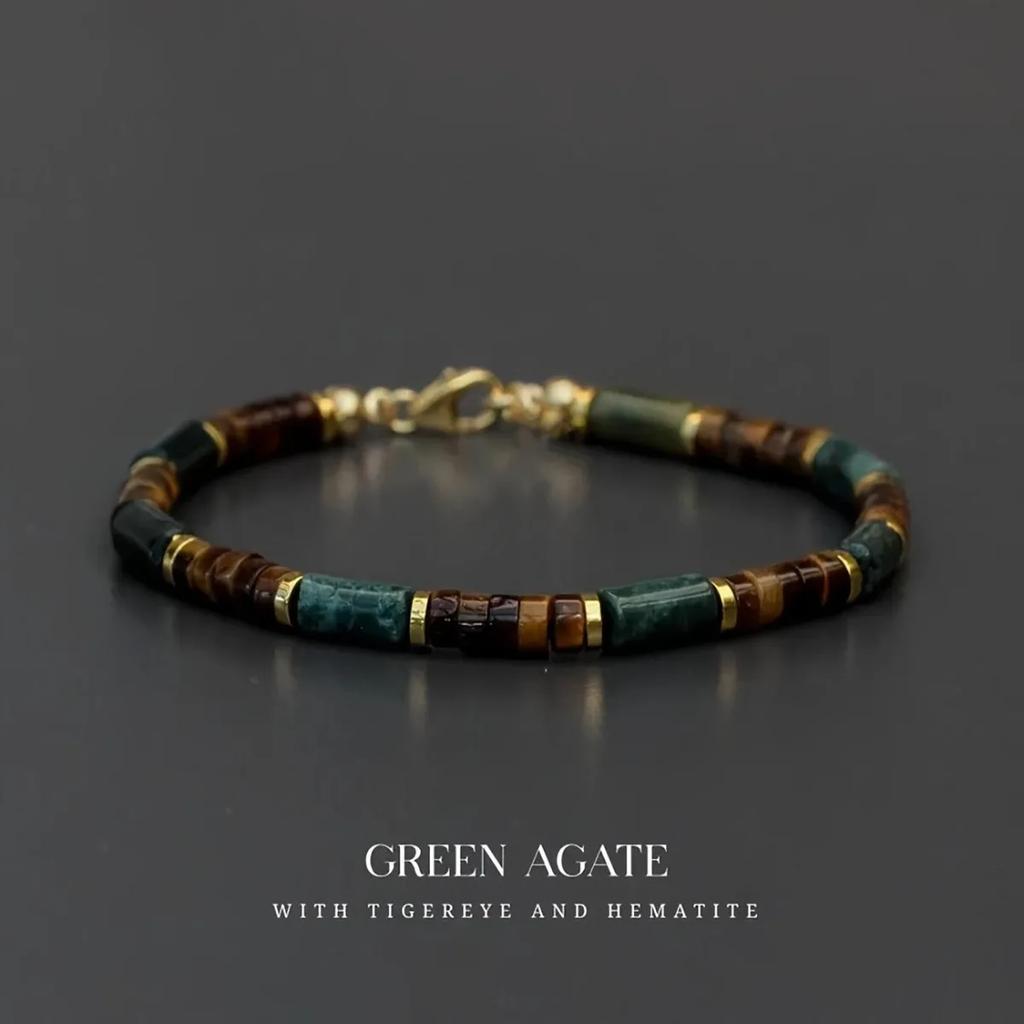 Hochwertiges Herren-Armband mit Perlen aus Moosachat und Tigerauge-Steinen, Symbol für Stärke, Mut und Wohlstand