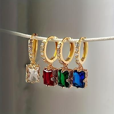 Trendy Colorful Zircon Square Dangle Earrings for Women Exquisite Gold Color Geometric Ear Accessories Party Jewelry