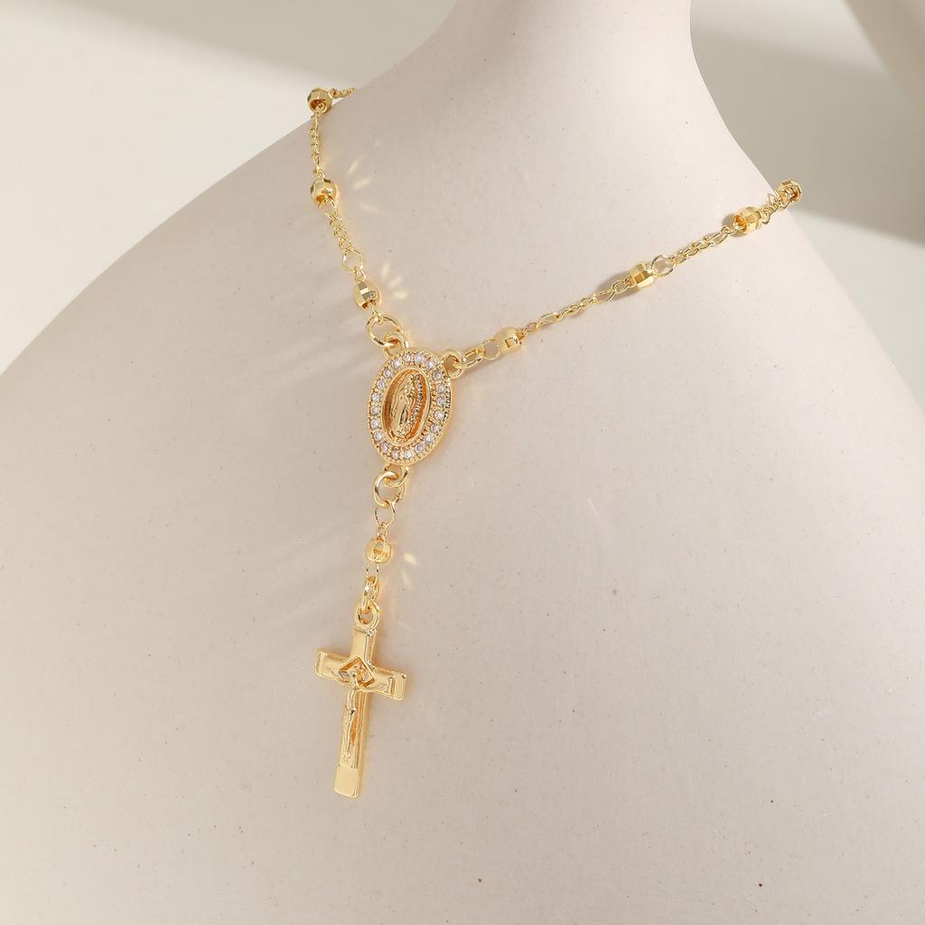 Catholic Cubic Zirconia Rosary Cross Beaded Link Bracelets, Oval Jesus Coss Jewelry, Religion Gold Plated Bracelet