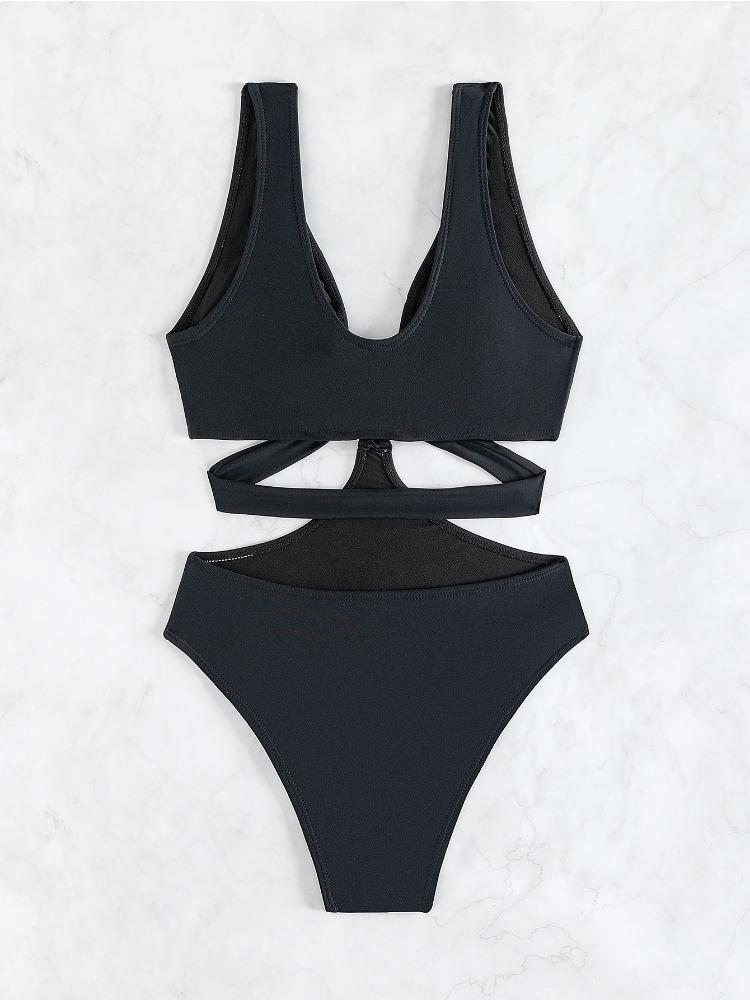 Solid Color Slim Fit Sexy One Piece Bikini Swimsuit Women Fashion Beach Vacation Elegant Swimwear
