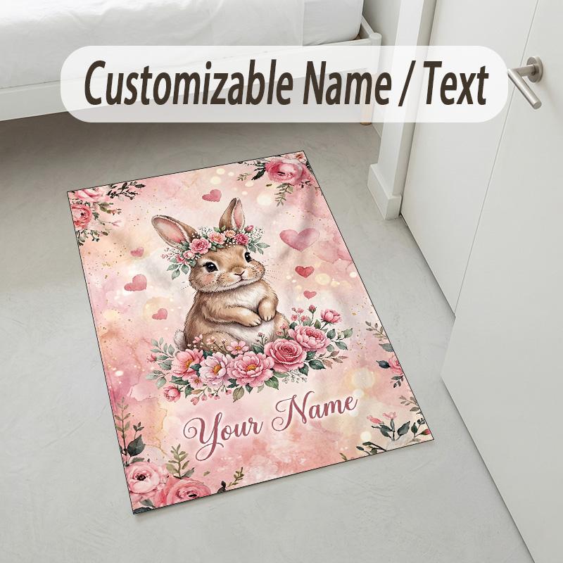 Easter Bunny Theme Crystal Velvet Rug Personalized Custom Name Text Soft Floor Mat Home Decor