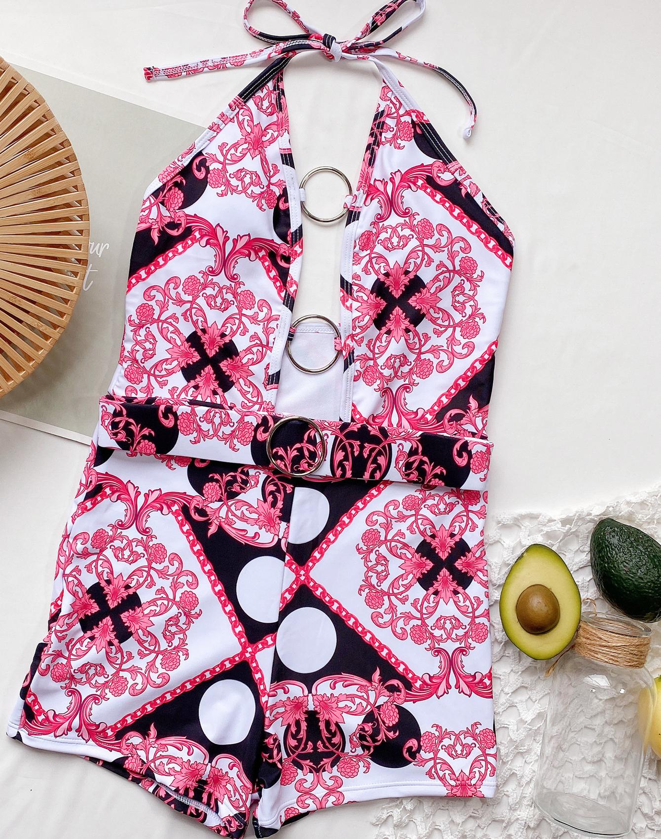 

Сексуальный женский купальник, модное бикини с принтом и полым шейным ремешком, цельное бикини, пляжная одежда L розовый
