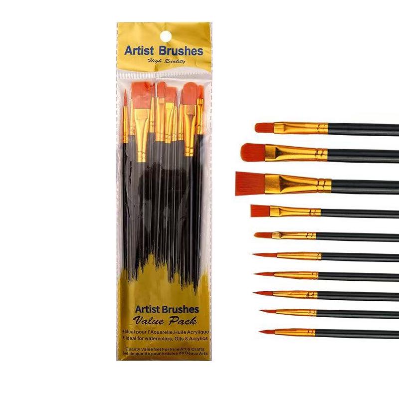 10-Piece Nylon Hair Paint Brush Set with Pearlescent Handles for Oil, Acrylic, Watercolor, and Gouache