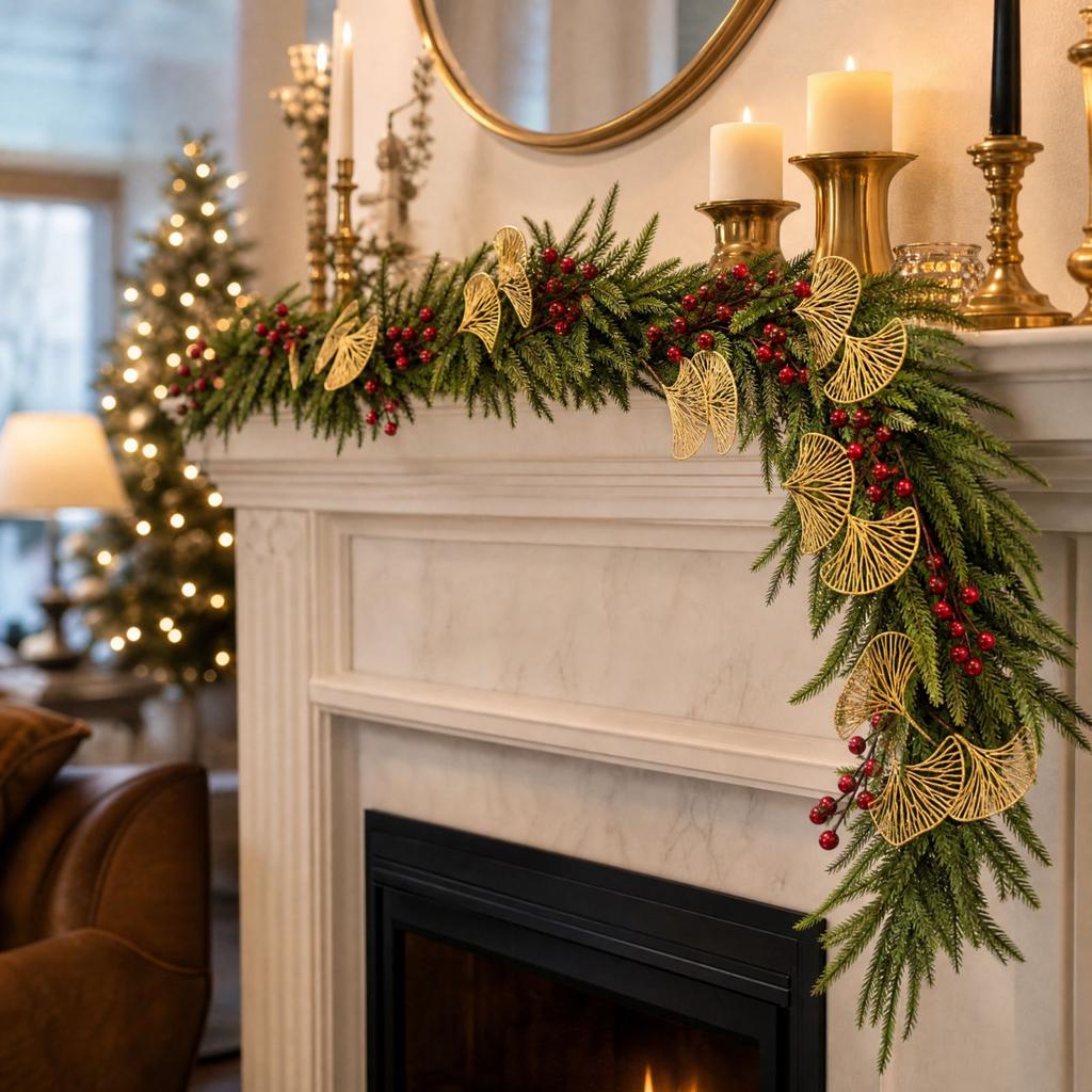 Christmas Garland 6FT with Gold Fan Leaves and Red Berries for Fireplace Mantel and Window Decoration