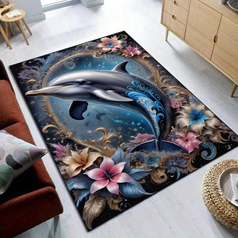 Dolphin Floral Art Rug for Modern Homes - Luxurious Ocean Theme Living Room Accent Piece Anti Slip Carpet Can Be Machine Washed