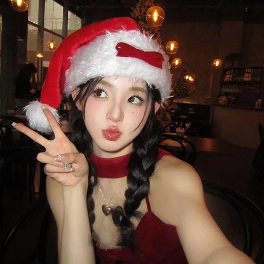 Plush Fabric Red Santa Hat Soft Plush Trim Long Fur Hat Durable Christmas Hat Christmas
