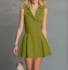Women Sleeveless V Neck Button A Line Dress Fitted Waist Lapel Collar Mini Dress for Everyday and Office Wear