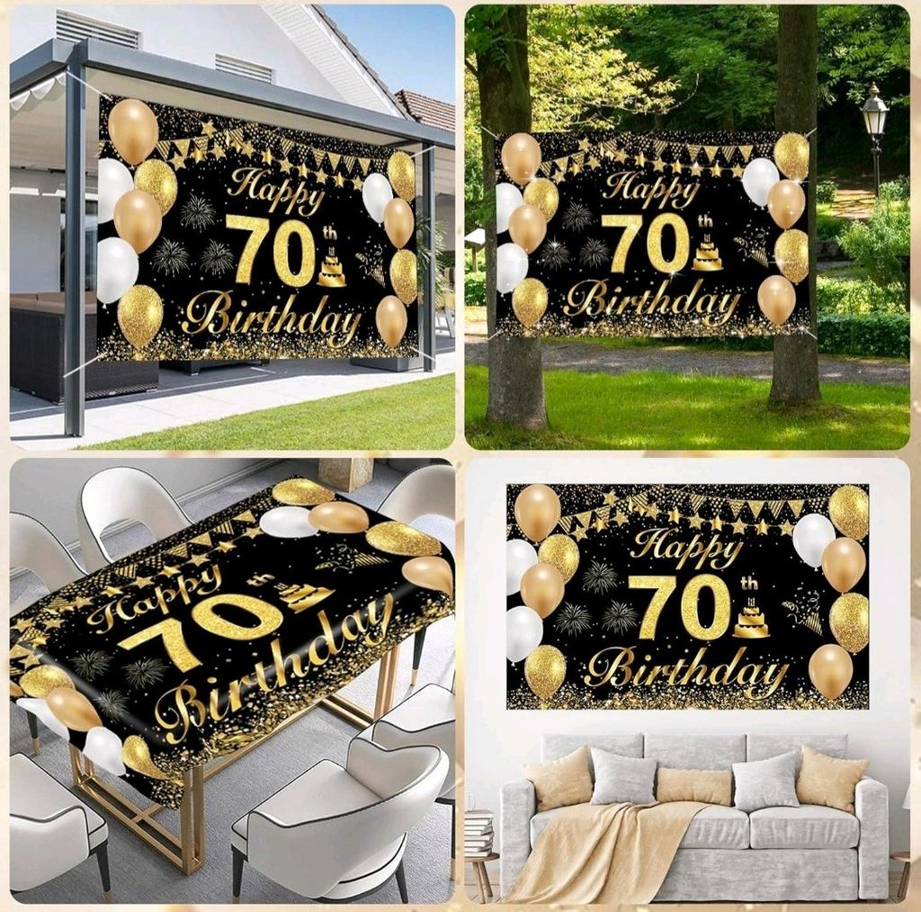 70th Birthday Backdrop Banner, Black Gold 70th Happy Birthday Banner 185cm×115