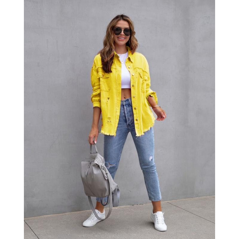 Women Pocket Hole Tassel Turndown Collar Denim Button Casual Boho Full Long Sleeve Spring Cardigan Jacket Coats Outerwear