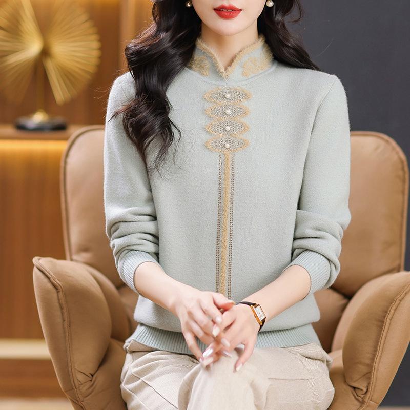 Autumn/Winter Velvet Cheongsam Collar Sweater for Middle-Aged Women - Warm, Stylish Red Top