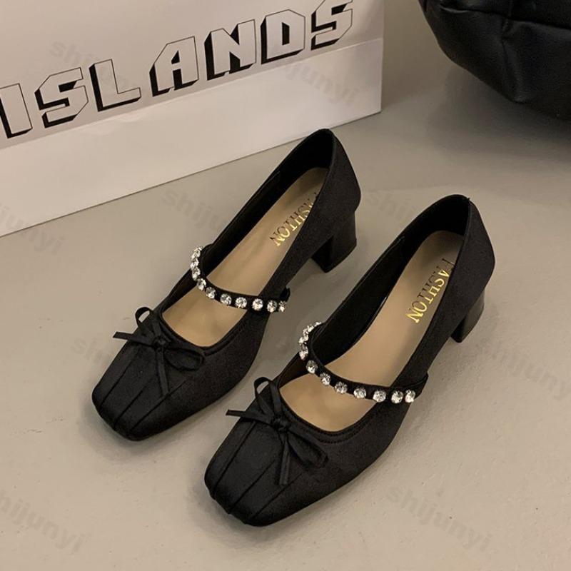 Fashion Women's Bow-knot High Heels 2025 Autumn New Square Toe Coarse Heel Ballet Shoes Comfortable Medium Heel Mary Janes Elegant Pumps