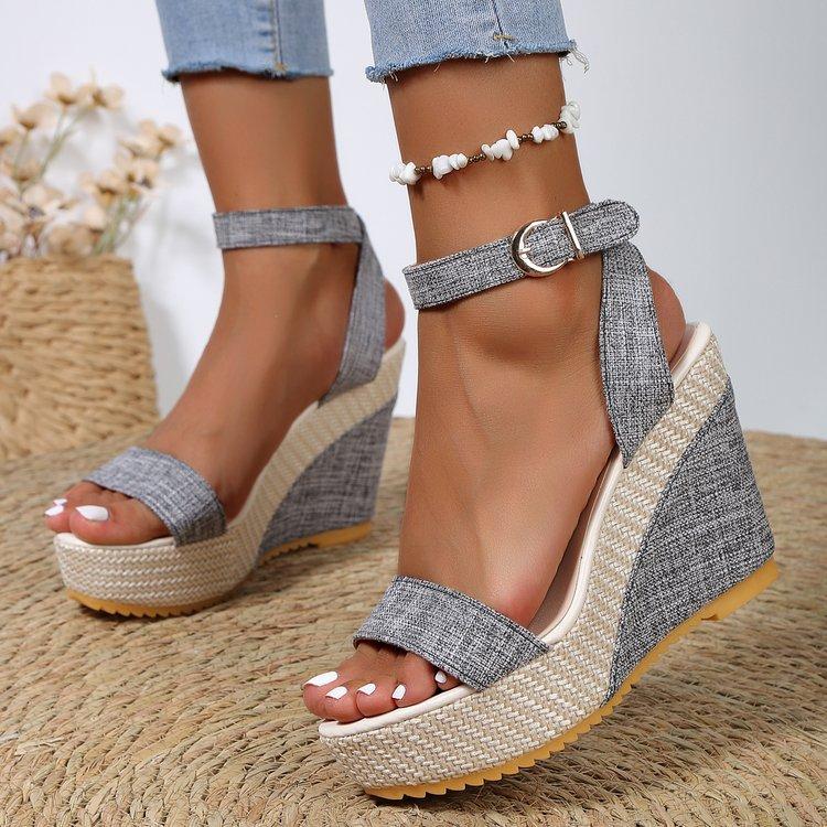 One word with slope heel open-toed high-heeled sandals women's large size waterproof table cloth cool slippers