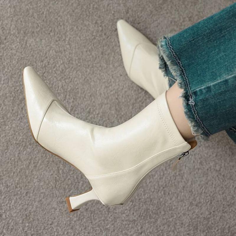 Neue, hochhackige Damenstiefel in großen Größen, mit Reißverschluss hinten, weicher Sohle aus Rindersehnenmaterial, komfortablem Reißverschluss hinten, einfarbigem, vielseitigem Stiletto-Stiefel mit mittelhohem Absatz.