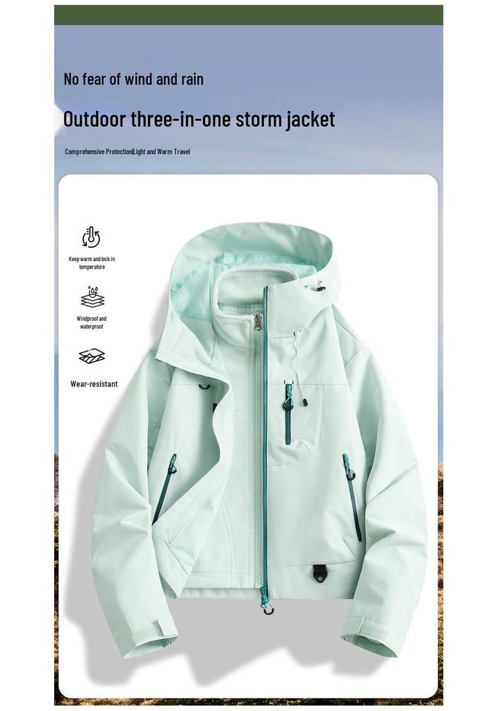 Women's Short Grid Polar Fleece 3-in-1 Detachable Mountain Jacket for Outdoor Mountaineering and Tibet Travel