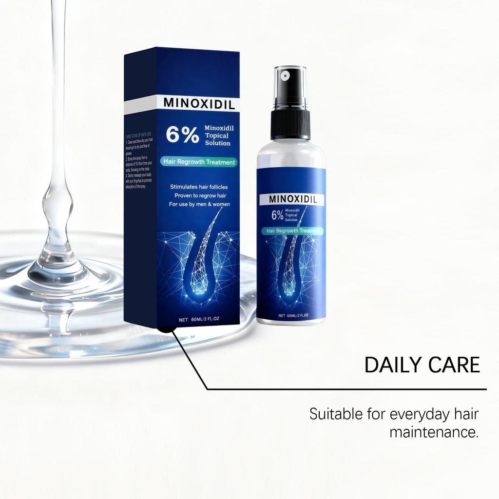 Minoxidil 6% Roztwór Topicalny - Serum na porost włosów dla przerzedzonych włosów, Szybko działający spray na odrastanie włosów dla mężczyzn i kobiet