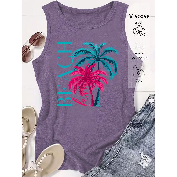 Colorful Palm Tree Print Loose Women Beach Sleeveless Tank Top