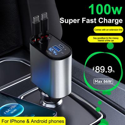 100W Car Charger PD+USB Quick Charger With 2 Retractable Cables Type C Fast Car Charger Voltmeter 4 In 1 Power For IPhone Huawei