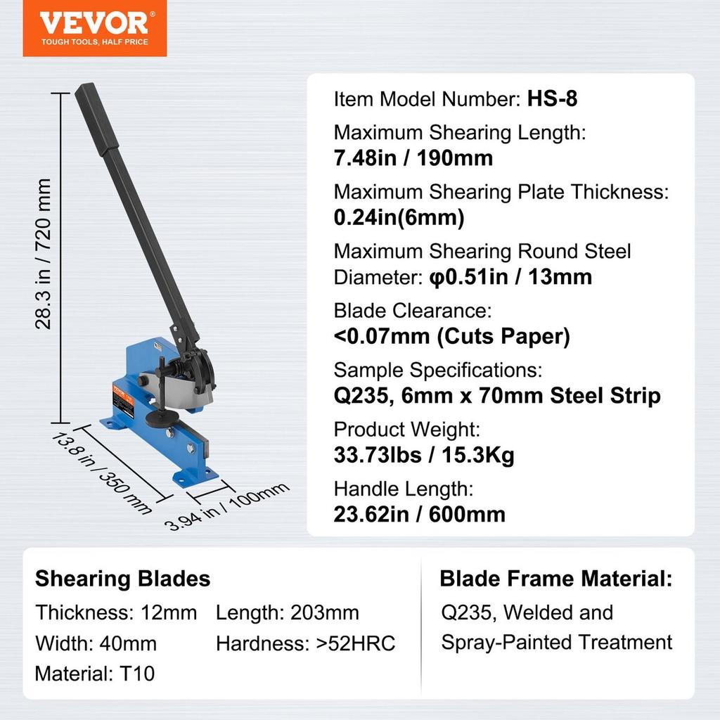 8" Manual Hand Plate Shear for Metal Sheet Processing, HS-8 Benchtop Cutter with Q235 Material, for Crafts Thick Steel Crafting, Heavy Duty Roll Press