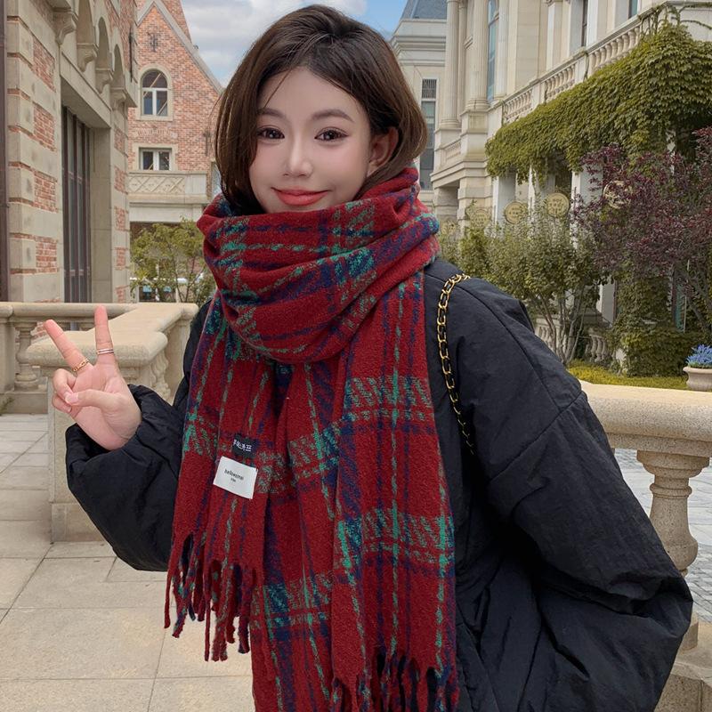 Korean Scarf Winter Women's Atmosphere New Mohair High Sense Thickened Warm Shawl Plaid Scarf