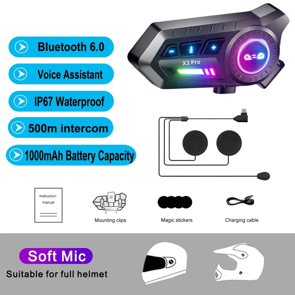 

KEBIDUMEI 1/2x Мотоциклетная гарнитура-интерком Шлем BT 6.0 для 2 райдеров интеркоммуникатор 500 м Поддержка FM с подсветкой