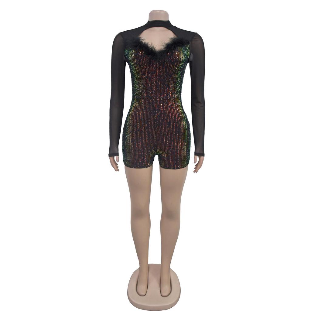 C7055 European & American Sequin Deep V Long Sleeve Mini Dress - Women's Fashion